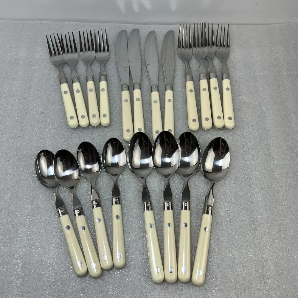 Vintage WF Mardi Gras Stainless Flatware White Handle MCM 20 Piece Set Served 4
